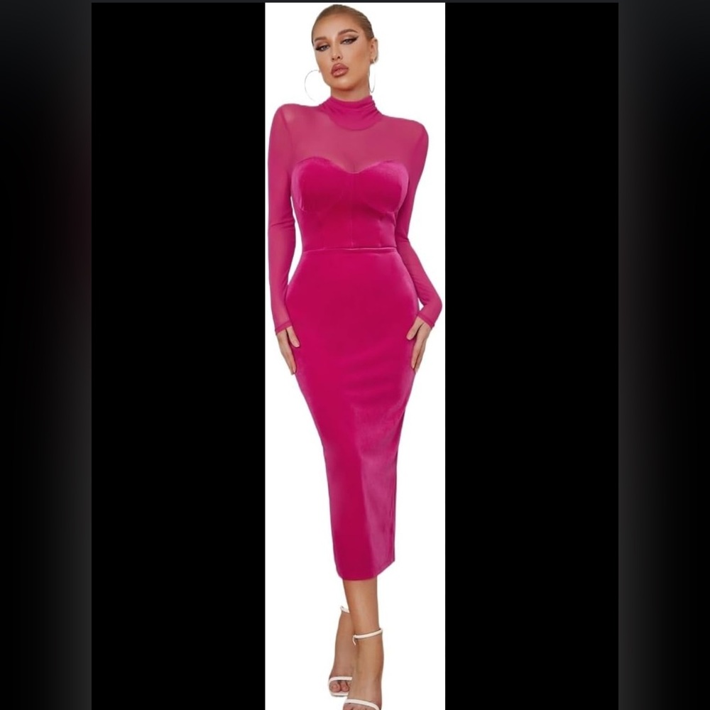 SHEIN Pink Bodycon Long Sleeve Dress Sweetheart Neckline